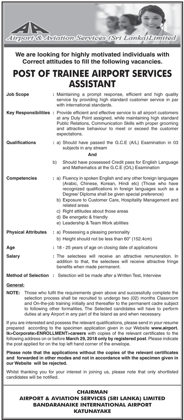 Trainee Airport Services Assistant - Airport & Aviation Services (Sri Lanka) Ltd